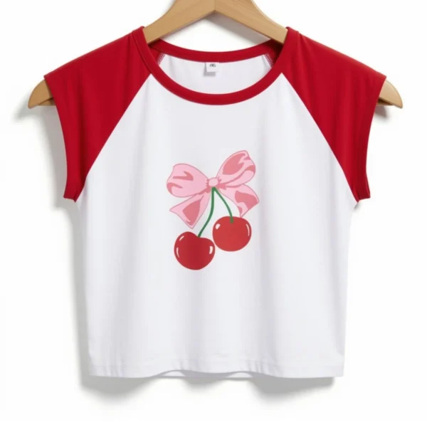 Remera Cereza Moño Blanca y Roja